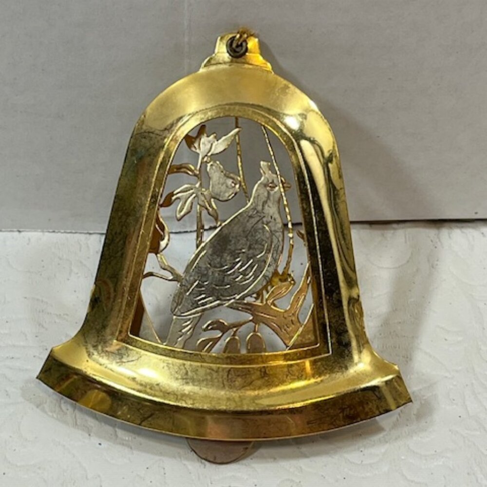 VTG Brass Partridge in a Pear Tree Christmas Tree Hanging Bell Ornament
